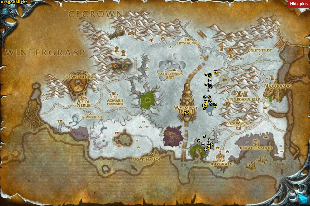 Locations:
Drakegore:
Coordinates: 68, 42
Patrols in a shallow gulch along the mountains south of the Bronze Dragonshrine.
Iceshatter:
Coordinates: 67, 50
Patrols around the northern edge of the lake, directly east of Wyrmrest Temple. Has a small patrol area.
Bloodfeast:
Coordinates: 66, 70
Found on the northeastern rim of the Emerald Dragonshrine, overlooking the shrine or the canyon to the northeast. Not inside the canyon.