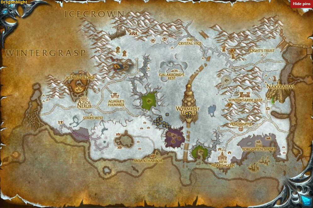 Locate Bonesunder:
Coordinates: 50, 60 in Dragonblight, walking along the ridge of a canyon near the Ruby Dragonshrine.
If you cannot find him immediately, check the canyon floor or nearby edges. Bonesunder has a roaming path.