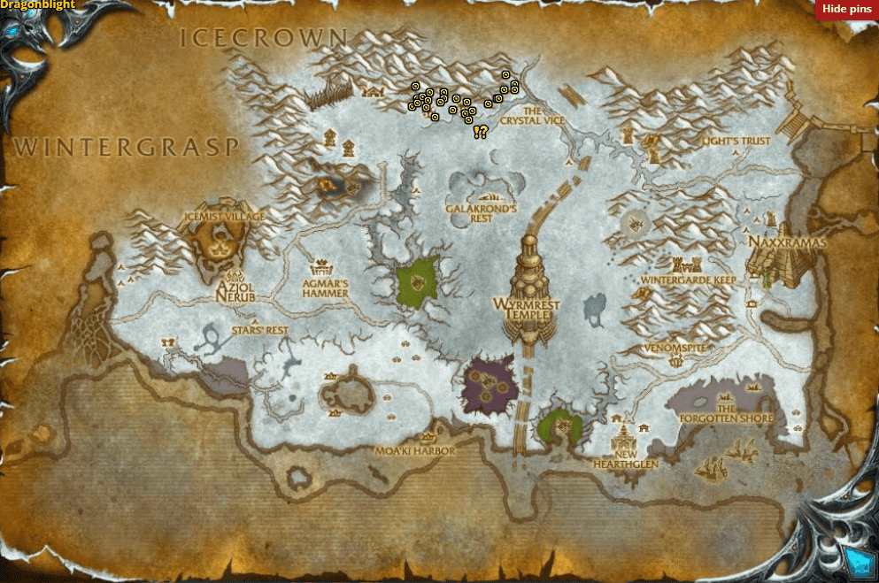 Primary Spawn Points:
54, 18: Along the ridge, a reliable spot to find Crystalline Ice Elementals.
53, 18: Same general area. Note that you do NOT need to go into the cavern where elites are located.