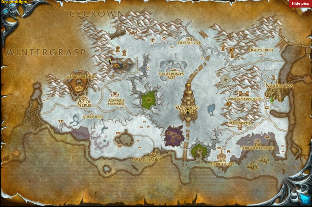 Travel to the Obsidian Dragonshrine:
Found southwest of Wyrmrest Temple in Dragonblight, the shrine is a fiery area teeming with Scourge and Black Dragonflight forces.
The cave entrance to Serinar is located around 37.8, 31.9, marked by a large, dragon-shaped rock formation.
Accessing the Cave:
If you can fly, locate the entrance from above for an easier approach.
If on foot, take the path at 40, 36 to avoid Alliance elites near Fordragon Hold. This snowy trail leads directly to the shrine.
Speak to Serinar:
Found inside the cave, not far from the entrance, near a lava pit.